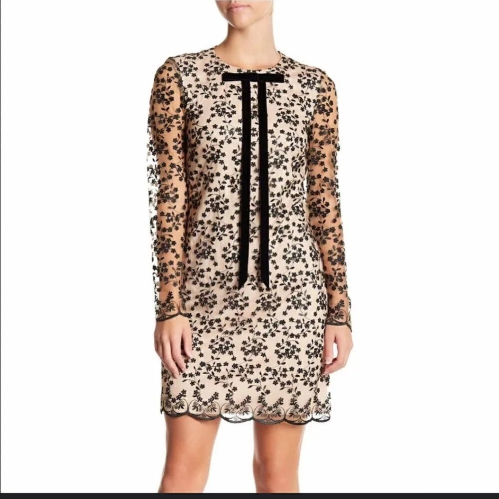 Betsey Johnson Tie Detail Flora Lace Embroidery Dress Black And Tan Size 0